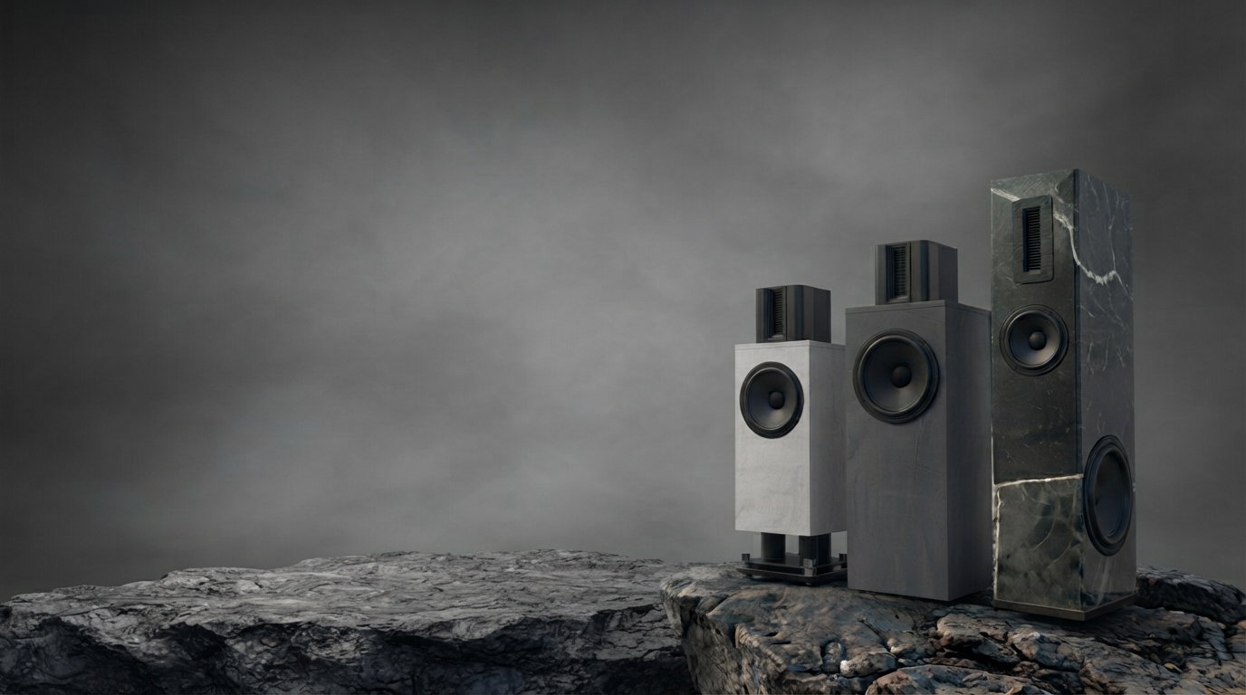 The full Wallcan Collection — Size S, L, and XL stone loudspeakers — displayed on a natural rock formation