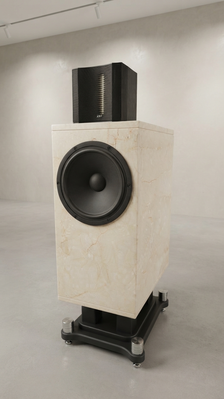 Wallcan Size S stone loudspeaker on a stand, built for nearfield and studio precision listening