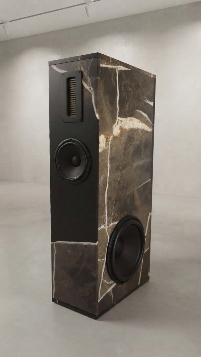 Wallcan Size XL floorstanding stone loudspeaker tower in a dark veined stone finish