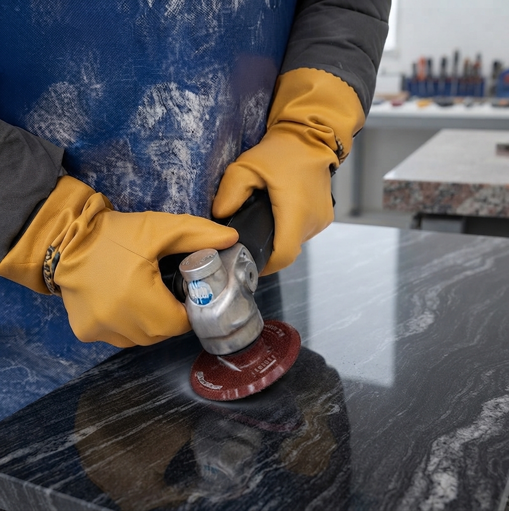 Italian artisan hand-polishing a stone slab, representing Wallcan's handmade craftsmanship